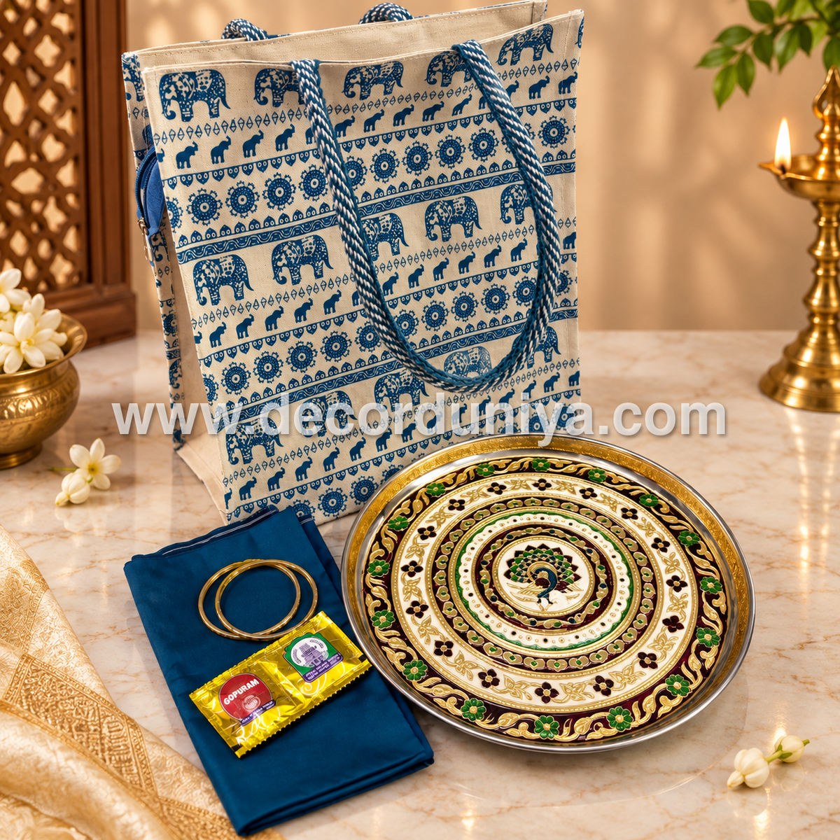High Quality Canvas Bag, SS Meenakari Plate, Silk Cotton Blouse, Bangles and Manjal Kum Kum Packet | Return Gift Combo - RGC10