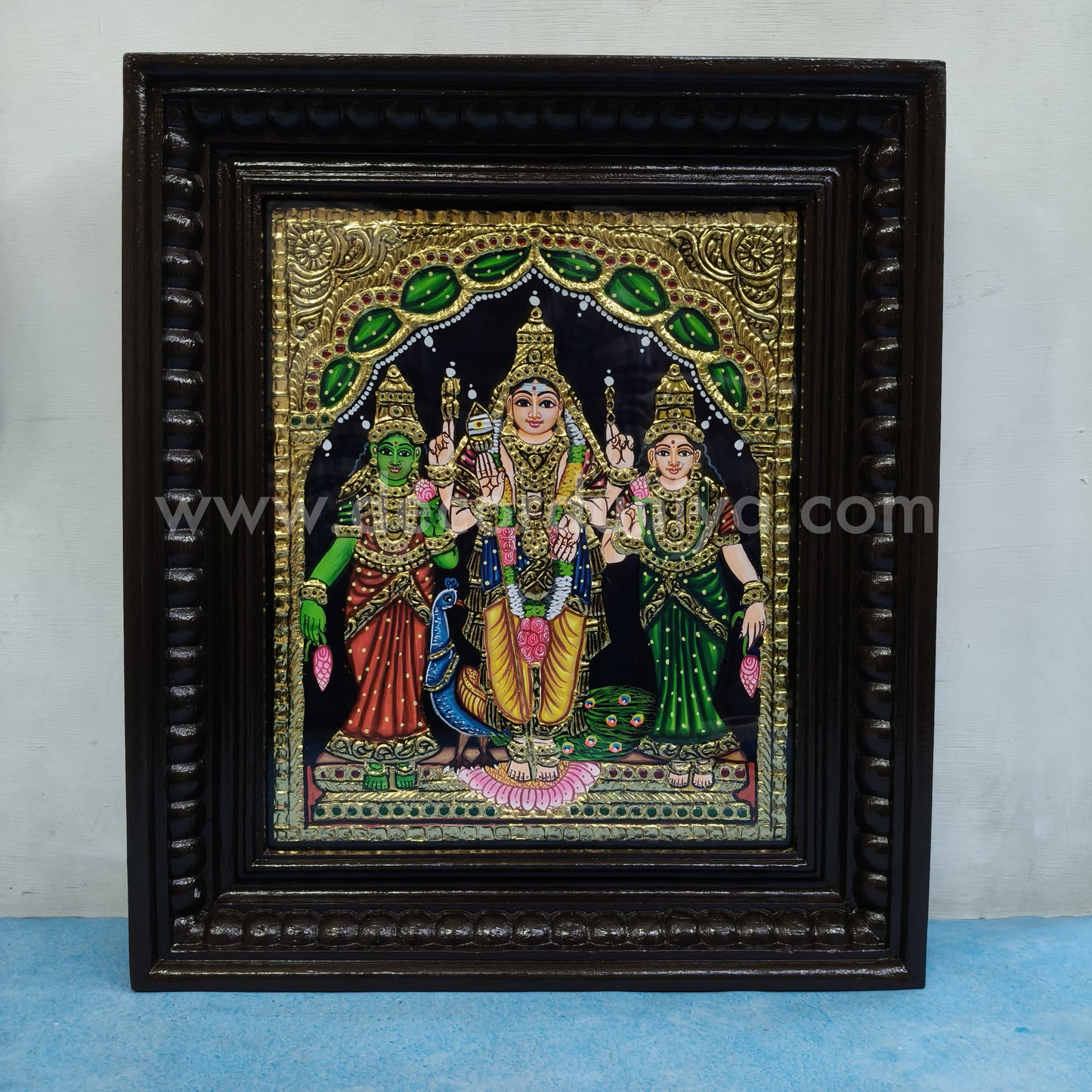 Tanjore Painting | Murugar Valli Deivanai - MVD | Chettinad Frame | - Flat Gold Foil - TPM102