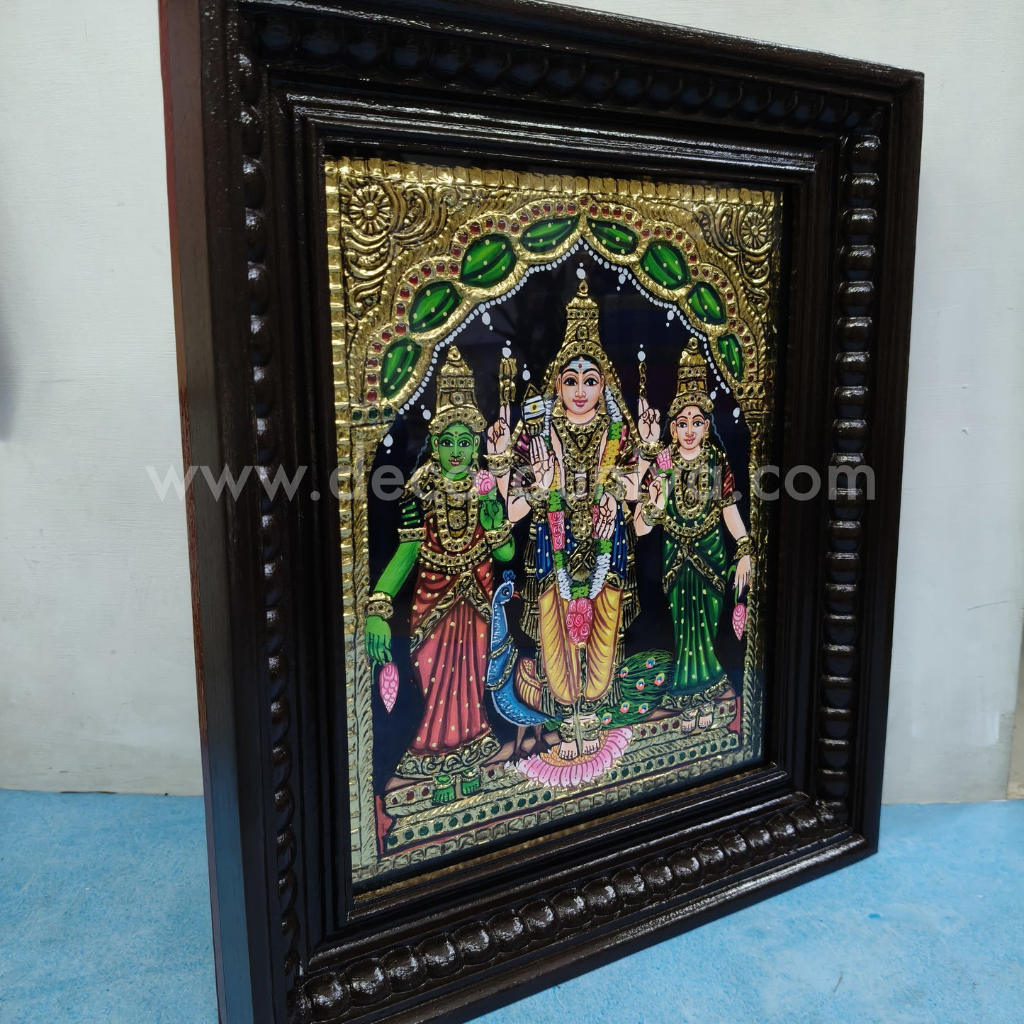 Tanjore Painting | Murugar Valli Deivanai - MVD | Chettinad Frame | - Flat Gold Foil - TPM102