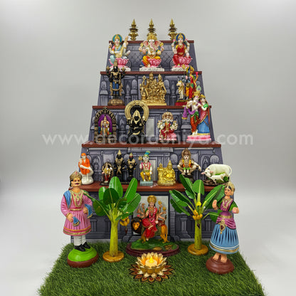 Dismantable 5 step Temple Gopuram Golu Padi with Brass Kalasam & Resin Golu Dolls| Entire Set | 24 inches Width | 36 inches Height - DGP32