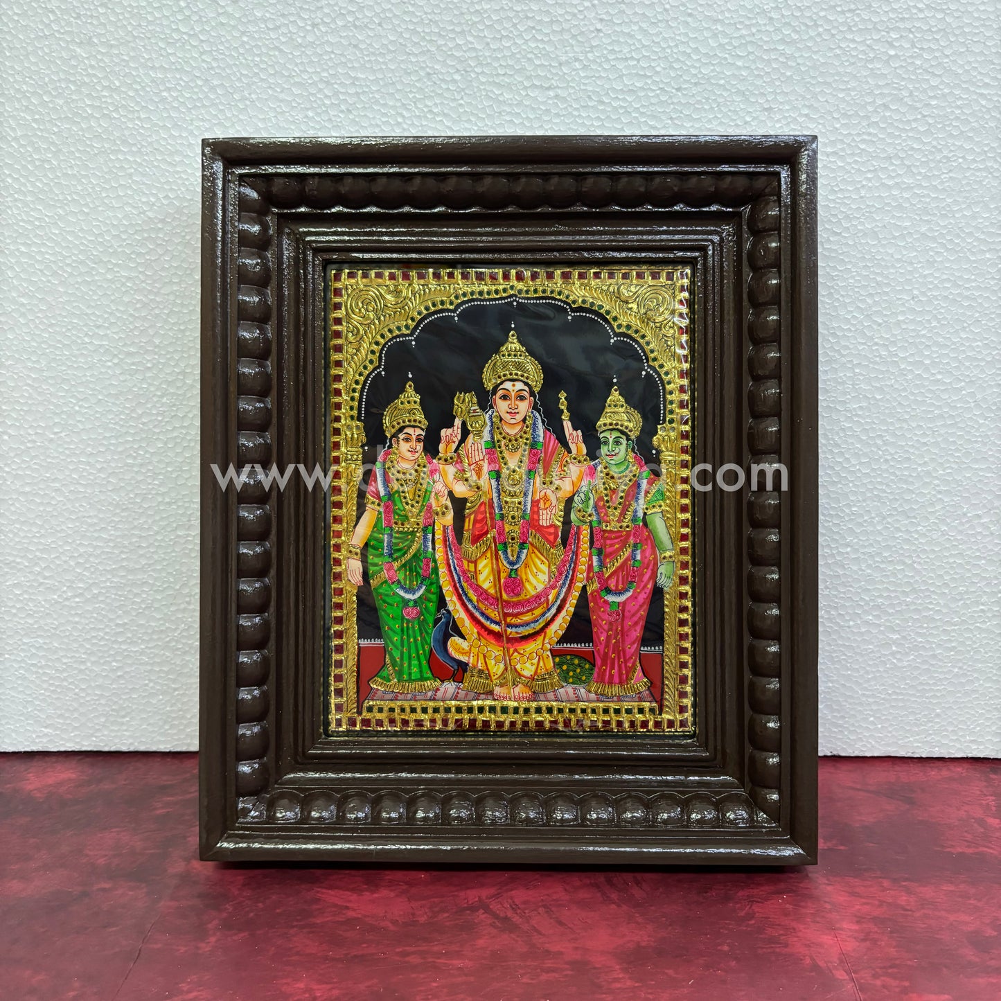Tanjore Painting | Murugar Valli Deivanai | MVD | Chettinad Frame | - Flat Gold Foil  - TPM107