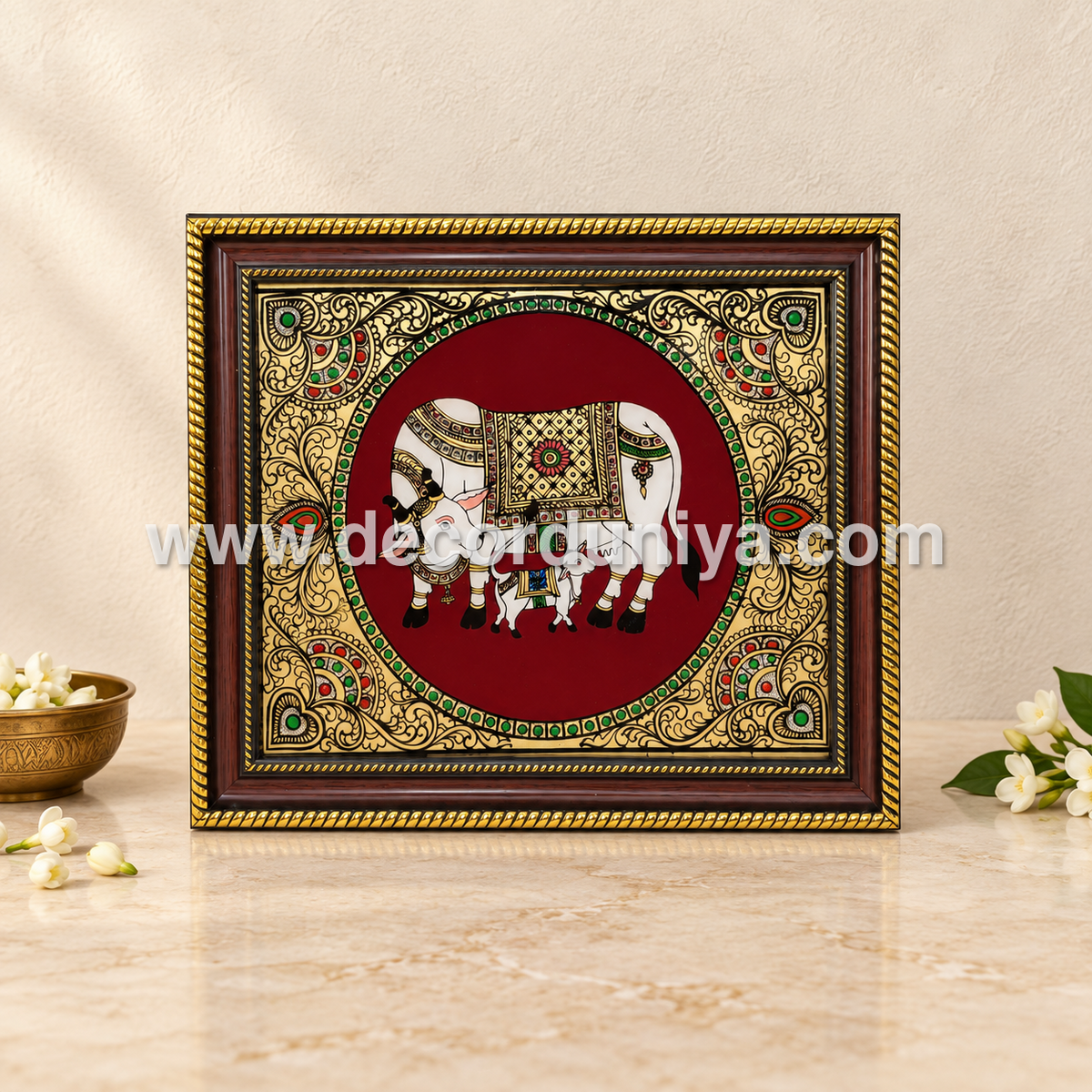 Cow & Calf Wall Hanging Frame with Reverse Glass Painting | Traditional Tanjore Art – PVK19