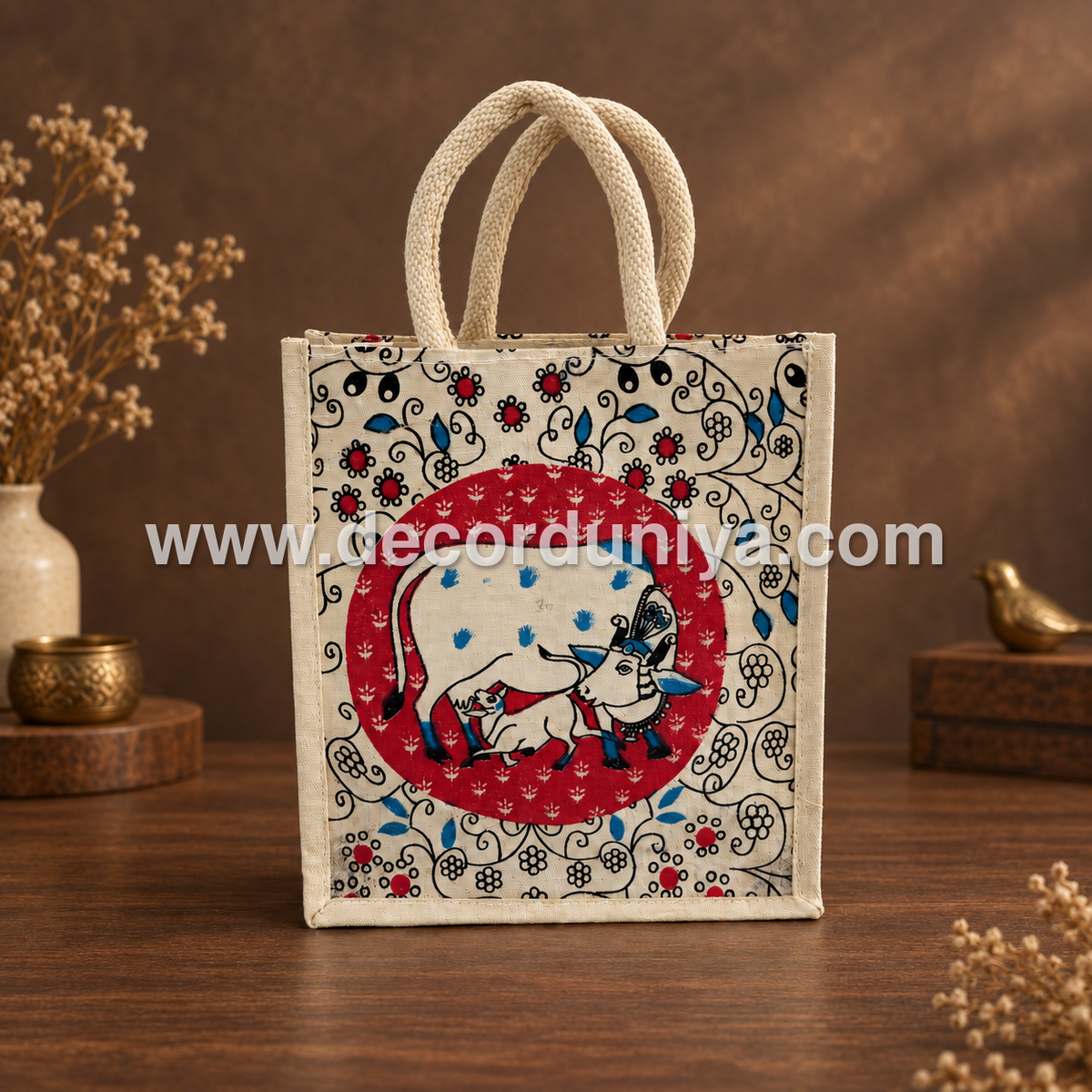 Jute Bag with Cow and Cauf design | Multicolor Bags with Zip, Thamboolam Bags, Wedding Return Gift Bag - VB102