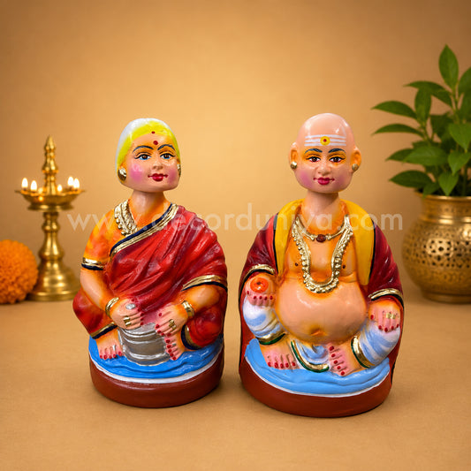 Chettiar Couple Thanjavur Dancing Doll | Thatha Patti Thalaiyatti Bommai | Paper Mache | 9 Inches - TD131