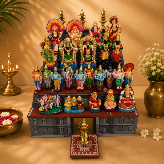 Dismantable 5 step Temple Gopuram Golu Padi with Clay Golu Dolls | 24 inches Width - CG107