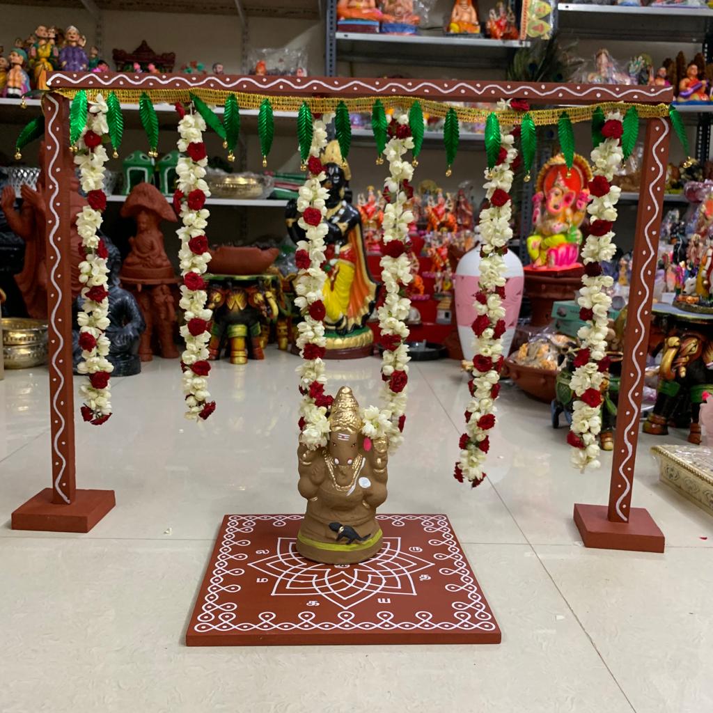 Backdrop Flower Stand for Pooja with Green Thoranam - BFS01