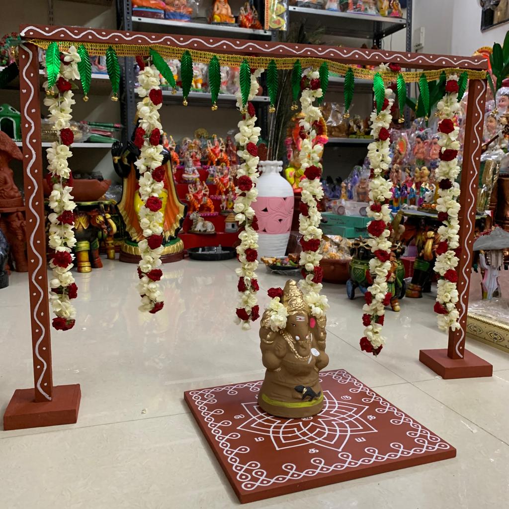 Backdrop Flower Stand for Pooja with Green Thoranam - BFS01
