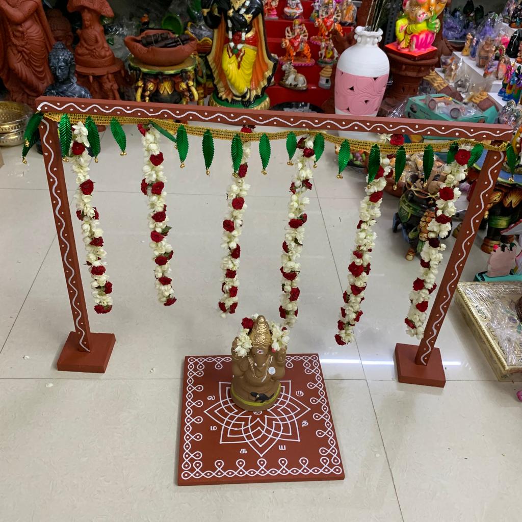Backdrop Flower Stand for Pooja with Green Thoranam - BFS01