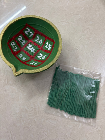 Clay Kubera lamp/ vilakku with green thiri - KUL10