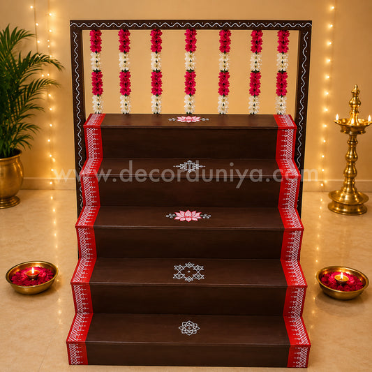 Dismantable 5 step Golu Padi | 36 inches Width | With Backdrop flower Stand - DGP25