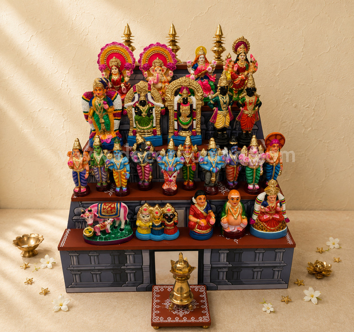 Dismantable 5 step Temple Gopuram Golu Padi with Clay Golu Dolls | 24 inches Width - CG107
