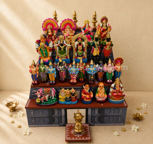Dismantable 5 step Temple Gopuram Golu Padi with Clay Golu Dolls | 24 inches Width - CG107