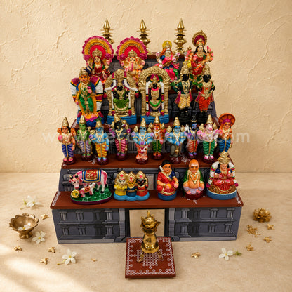 Dismantable 5 step Temple Gopuram Golu Padi with Clay Golu Dolls | 24 inches Width - CG107