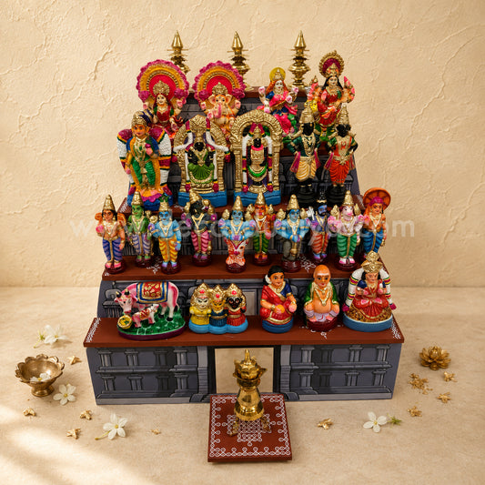 Dismantable 5 step Temple Gopuram Golu Padi with Clay Golu Dolls | 24 inches Width - CG107