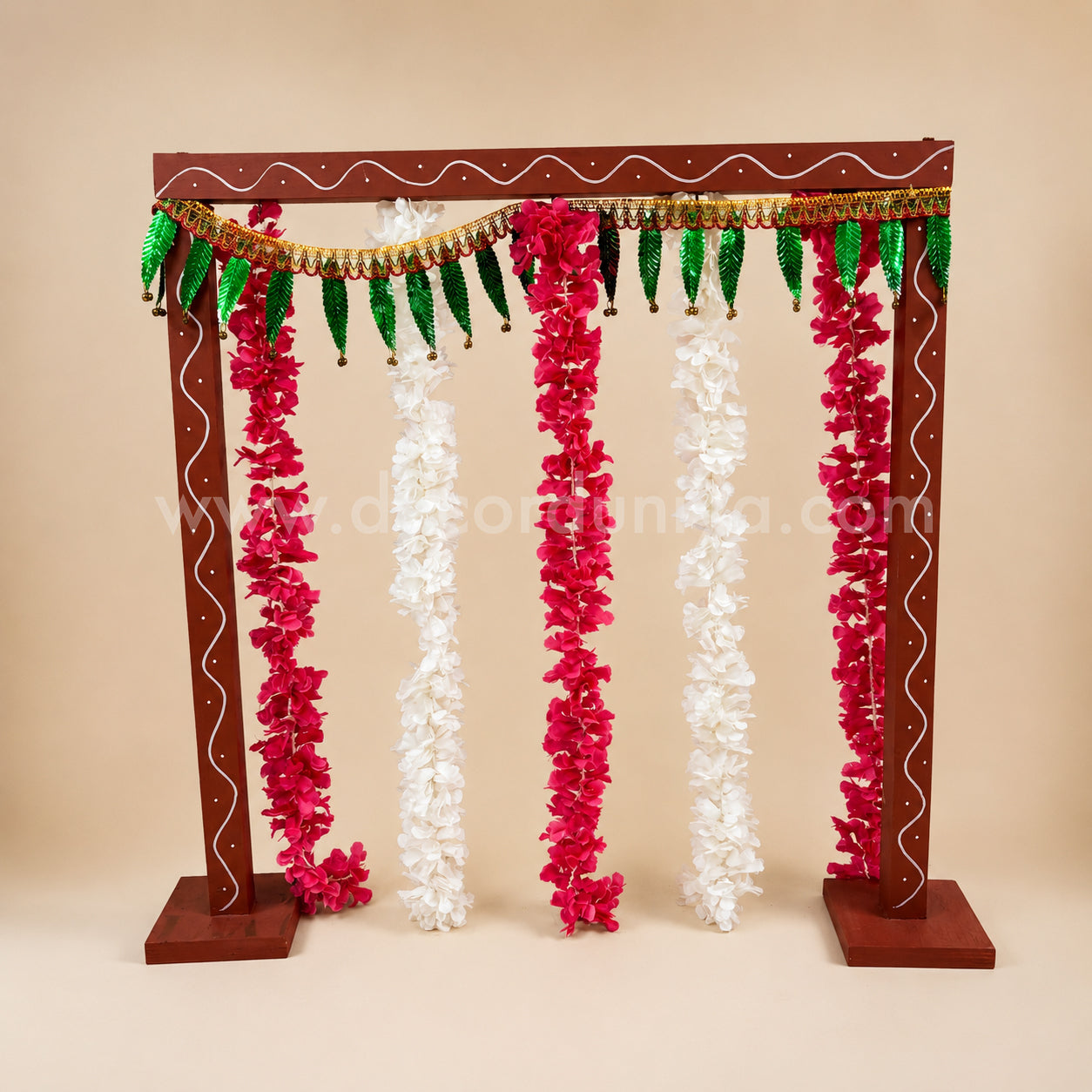 Backdrop Flower Stand for Pooja with Green Thoranam and Fabric Flower - BFS01