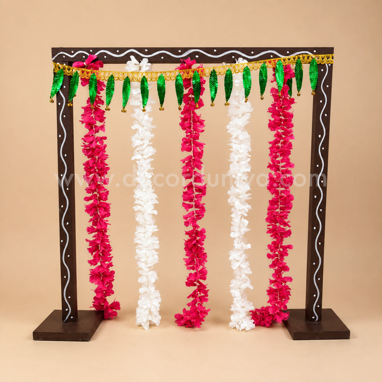 Backdrop Flower Stand for Pooja with Green Thoranam and Fabric Flower - BFS07