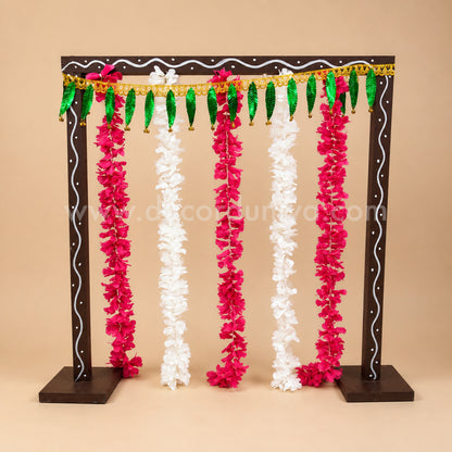 Backdrop Flower Stand for Pooja with Green Thoranam and Fabric Flower - BFS07