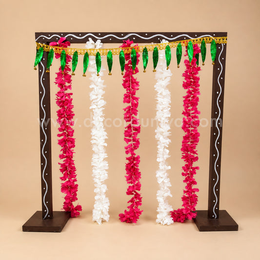 Backdrop Flower Stand for Pooja with Green Thoranam and Fabric Flower - BFS07