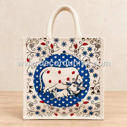 Jute Bag with Cow and Cauf design | Multicolor Bags with Zip, Thamboolam Bags, Wedding Return Gift Bag - VB102