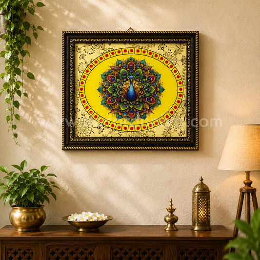 Peacock Wall Hanging Frame with Reverse Glass Digital Painting | Traditional Indian Wall Decor – DDRGP2
