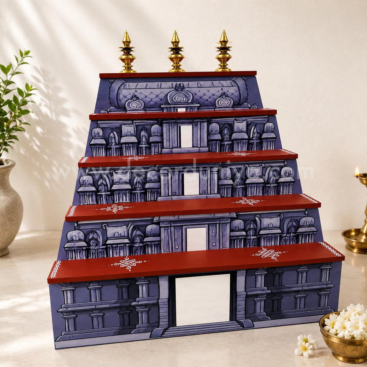 Dismantable 5 step Temple Gopuram Golu Padi with Brass Kalasam | 24 inches Width - DGP30