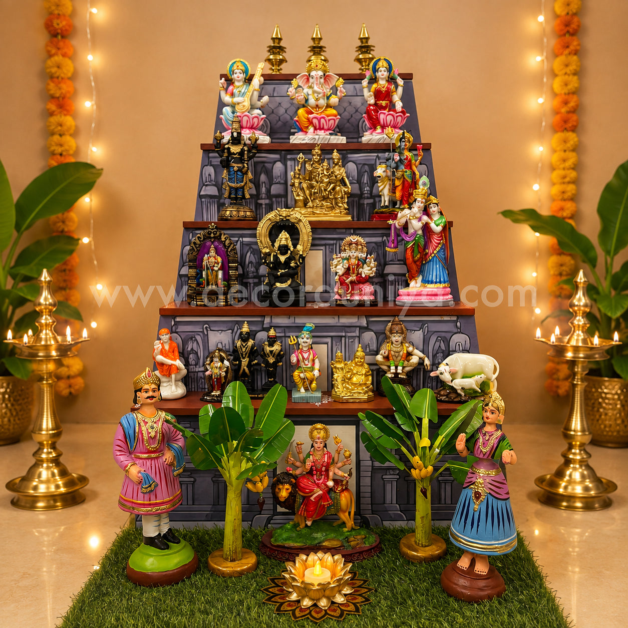 Dismantable 5 step Temple Gopuram Golu Padi with Brass Kalasam & Resin Golu Dolls| Entire Set | 24 inches Width | 36 inches Height - DGP32