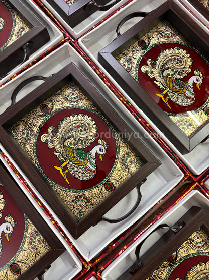 Multipurpose Peacock Tray | Reverse Glass Painting | Tanjore Artwork - PVK1