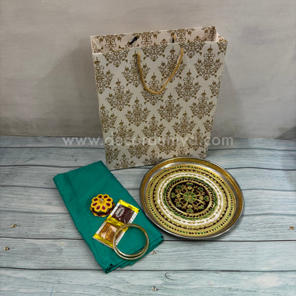 Paper Board Bag, Silk Cotton Blouse Bit | KumKum Holder, Bangles, Manjal KumKum Packet & Stainless Steel Meenakari Plate | Return Gift Combo - RGC4