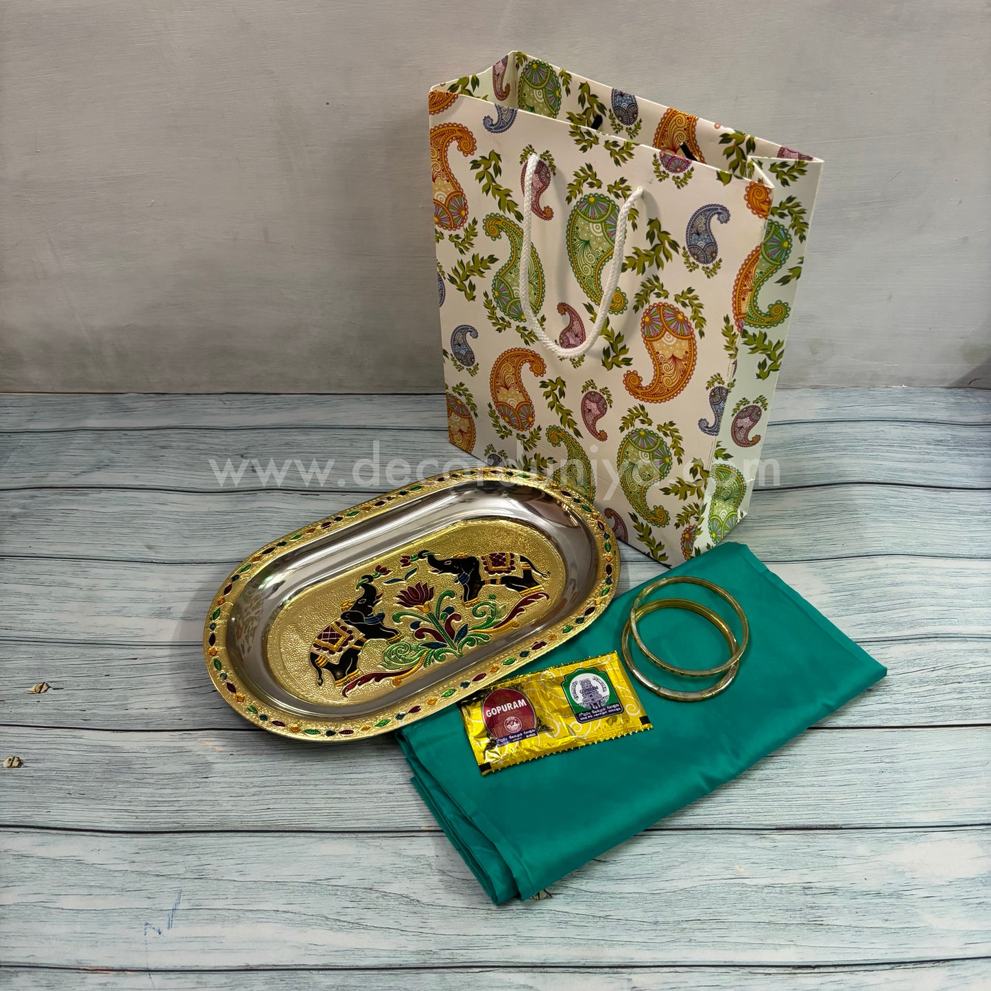Paper Board Bag, Silk Cotton Blouse Bit | Bangles, Manjal KumKum Packet & Stainless Steel Meenakari Plate | Return Gift Combo - RGC5