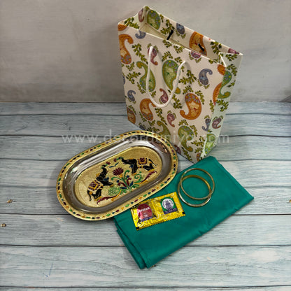 Paper Board Bag, Silk Cotton Blouse Bit | Bangles, Manjal KumKum Packet & Stainless Steel Meenakari Plate | Return Gift Combo - RGC5