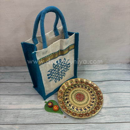 Jute Bag, Meenakari Plate, Manjal Kum Kum Packet | Return Gift Combo - RGC8