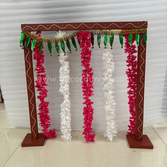 Backdrop Flower Stand for Pooja with Green Thoranam and Fabric Flower - BFS01