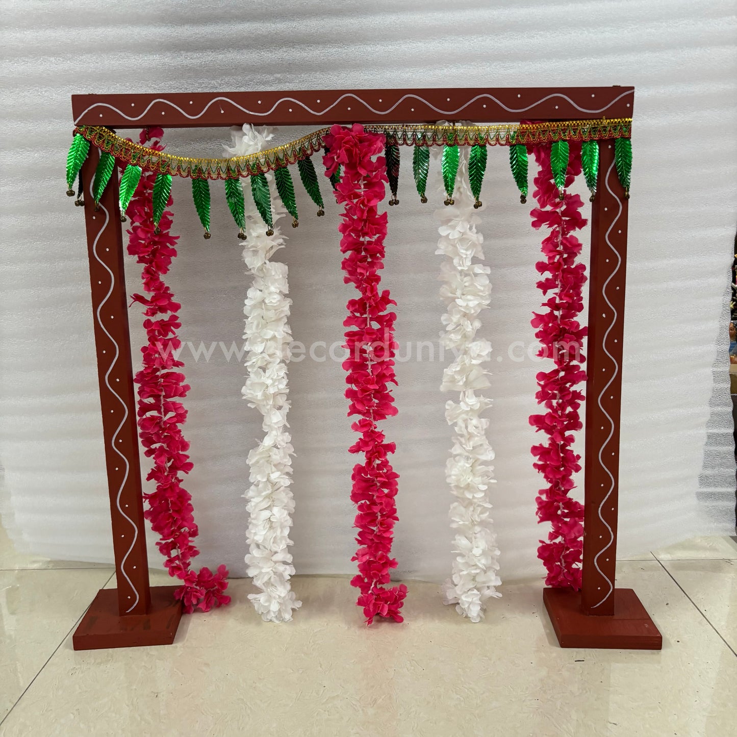 Backdrop Flower Stand for Pooja with Green Thoranam and Fabric Flower - BFS01
