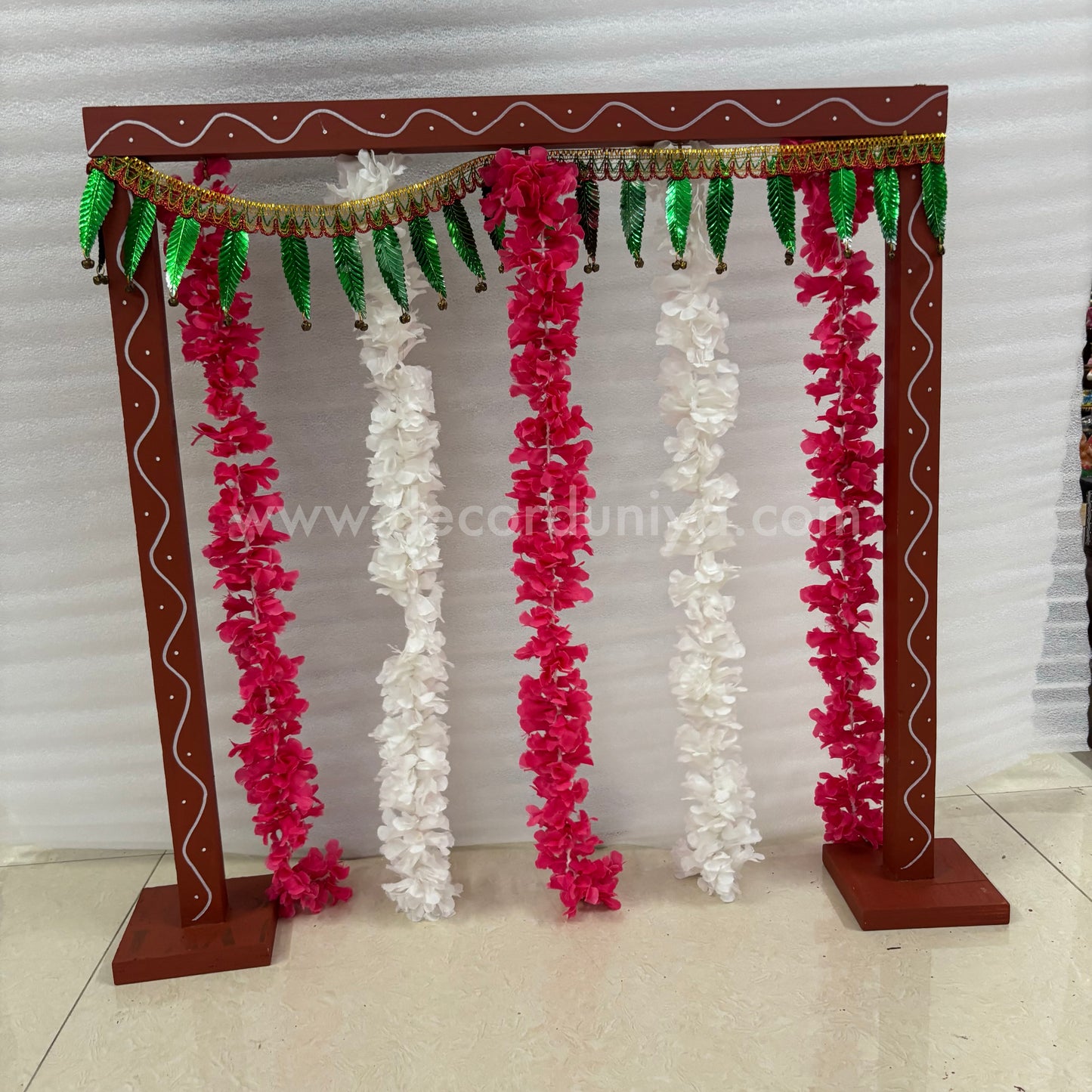 Backdrop Flower Stand for Pooja with Green Thoranam and Fabric Flower - BFS01