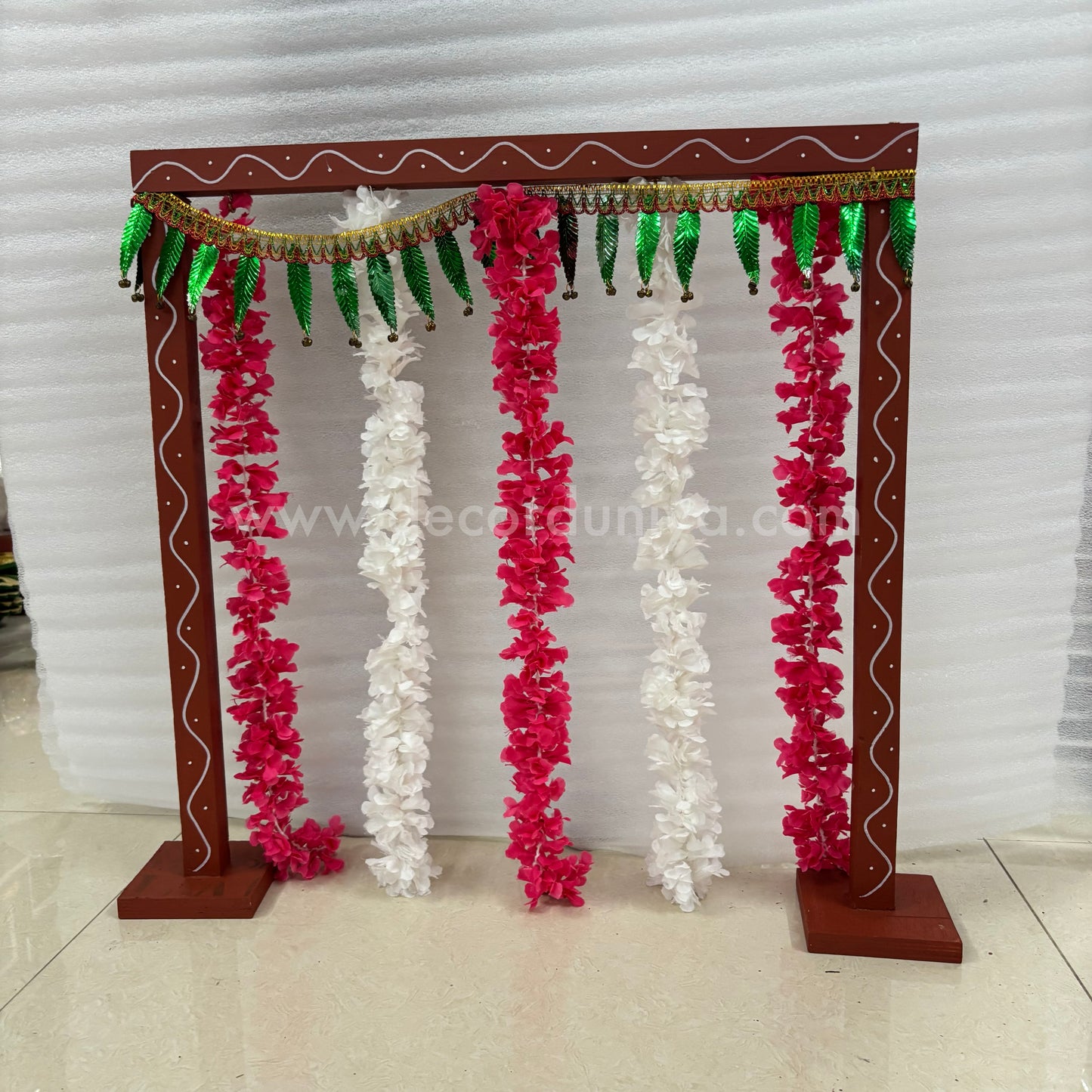 Backdrop Flower Stand for Pooja with Green Thoranam and Fabric Flower - BFS01
