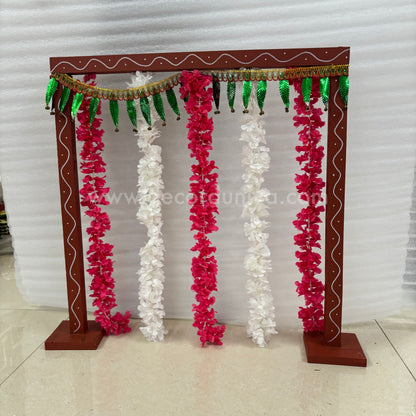 Backdrop Flower Stand for Pooja with Green Thoranam and Fabric Flower - BFS01