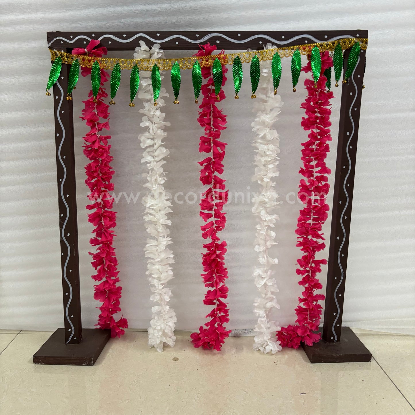 Backdrop Flower Stand for Pooja with Green Thoranam and Fabric Flower - BFS07