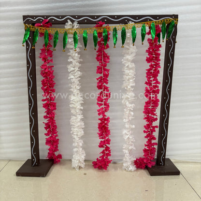 Backdrop Flower Stand for Pooja with Green Thoranam and Fabric Flower - BFS07