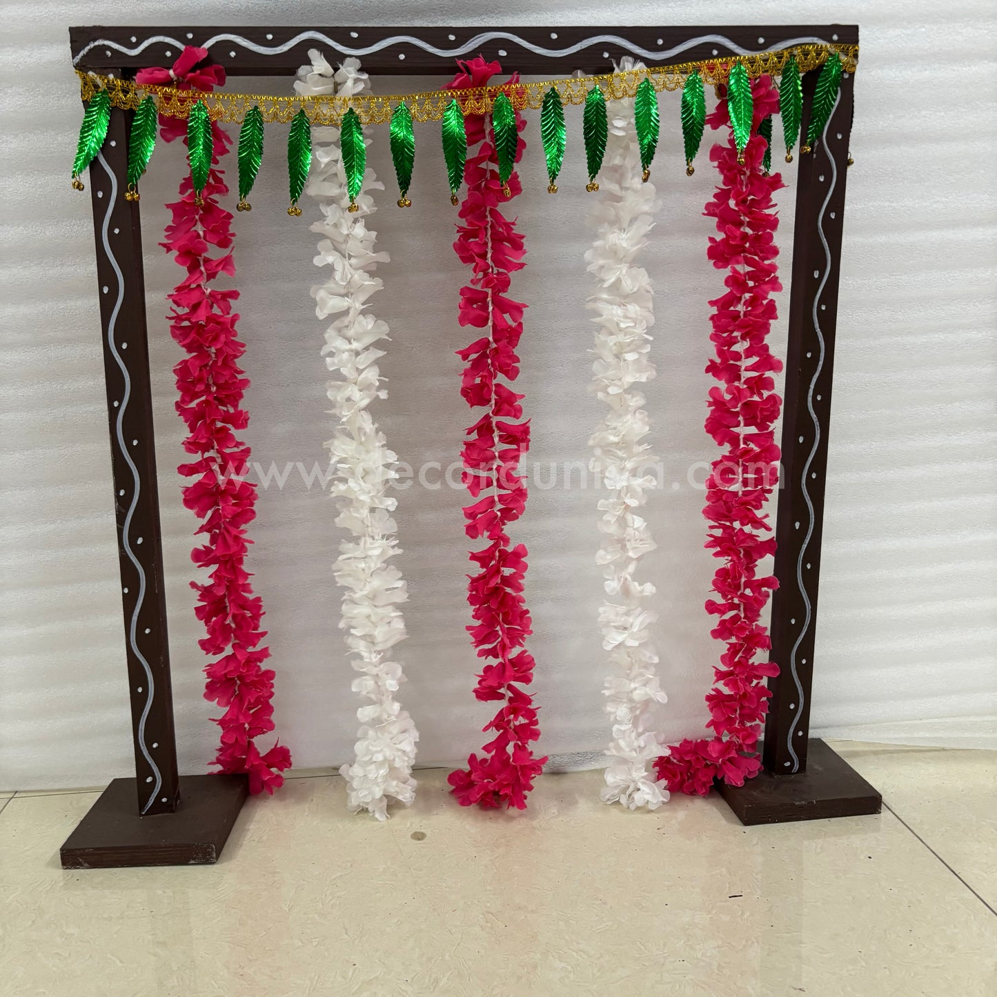 Backdrop Flower Stand for Pooja with Green Thoranam and Fabric Flower - BFS07