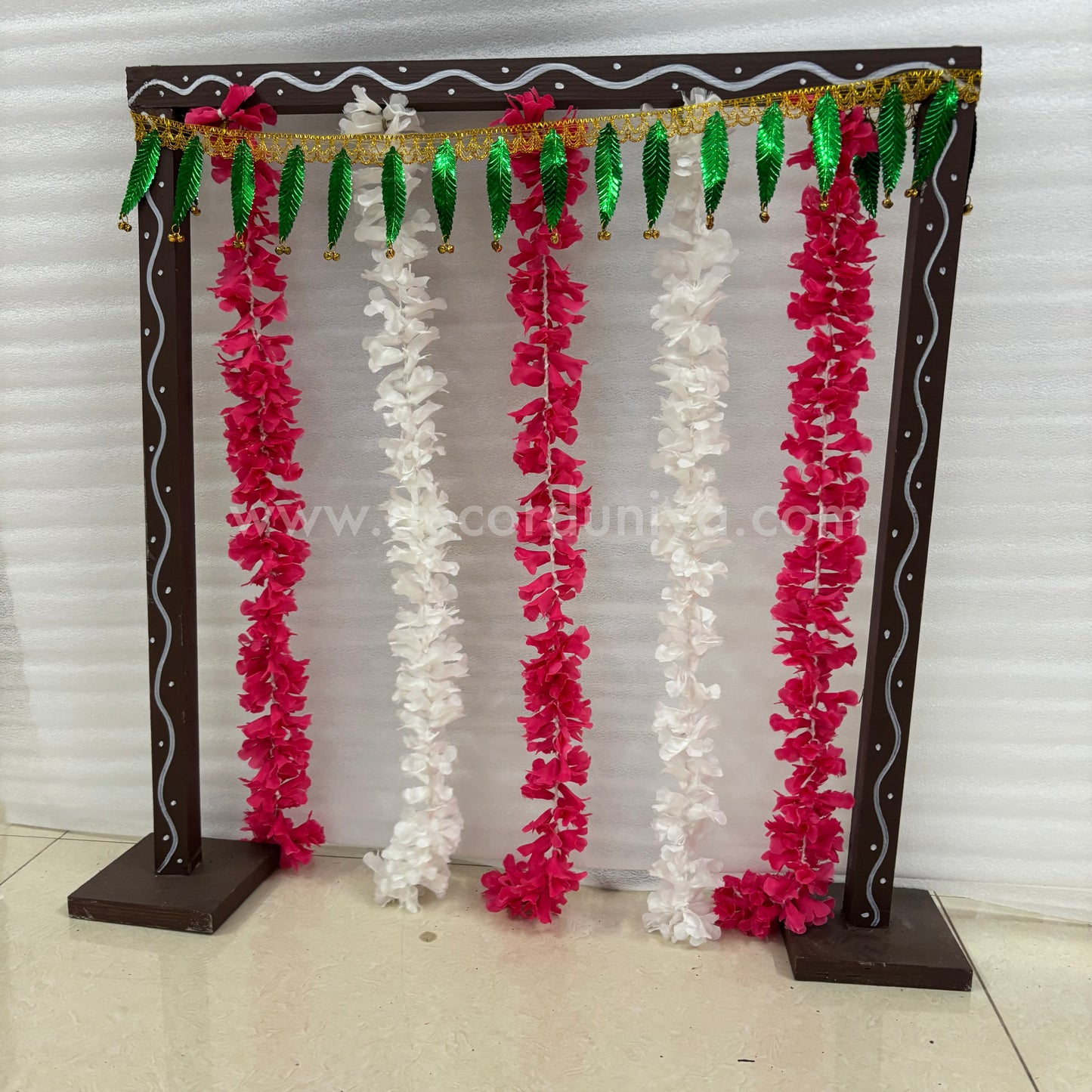 Backdrop Flower Stand for Pooja with Green Thoranam and Fabric Flower - BFS07