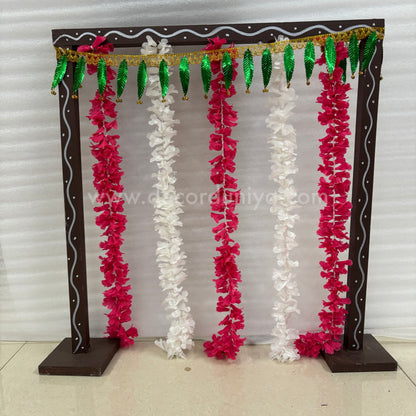 Backdrop Flower Stand for Pooja with Green Thoranam and Fabric Flower - BFS07