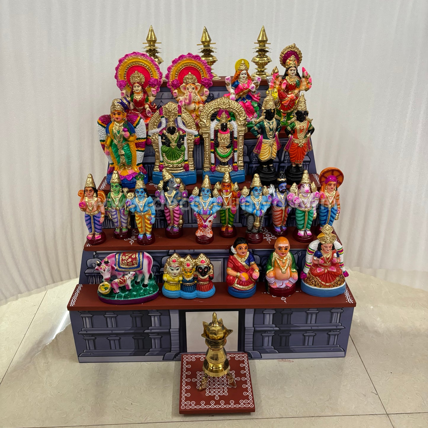 Dismantable 5 step Temple Gopuram Golu Padi with Clay Golu Dolls | 24 inches Width - DGP31
