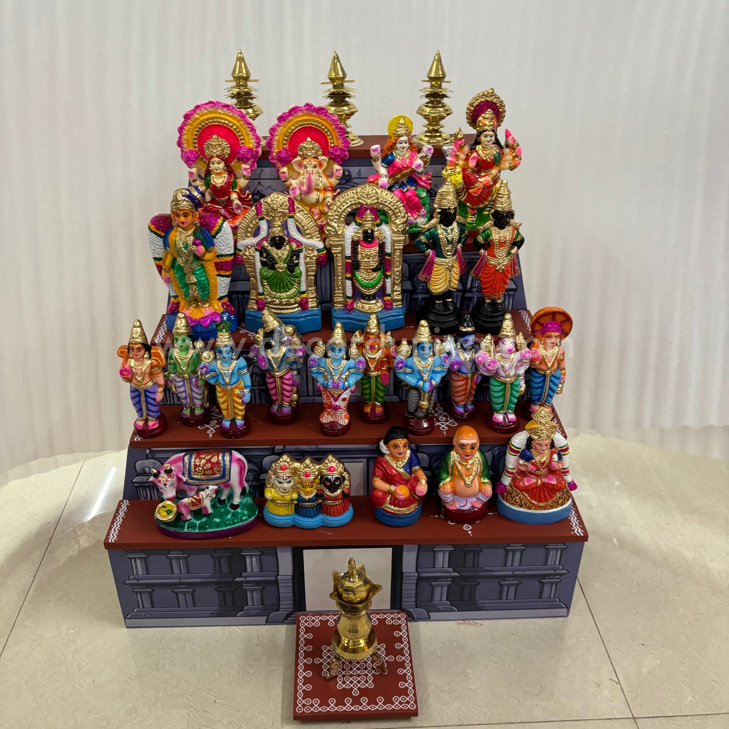 Dismantable 5 step Temple Gopuram Golu Padi with Clay Golu Dolls | 24 inches Width - DGP31