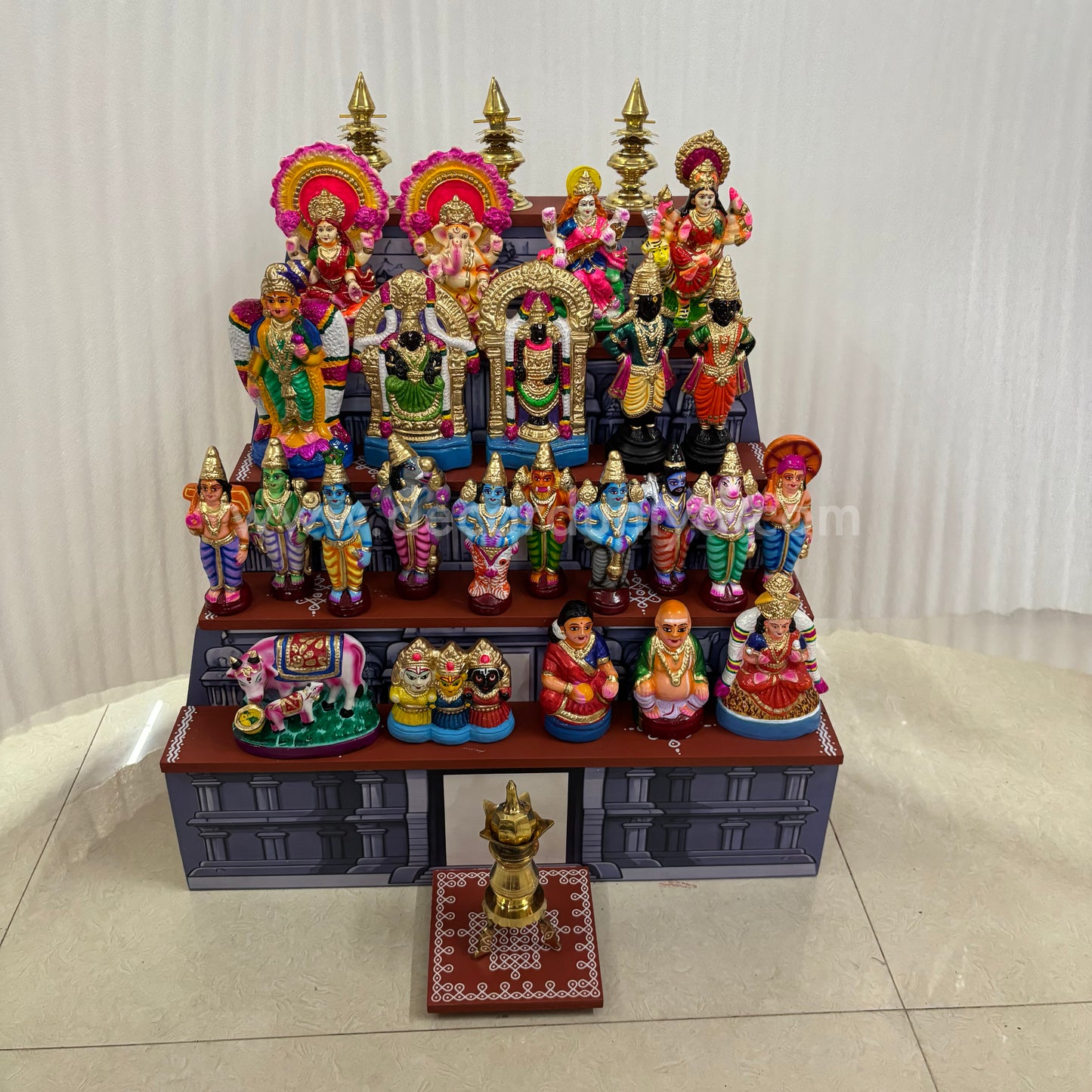 Dismantable 5 step Temple Gopuram Golu Padi with Clay Golu Dolls | 24 inches Width - DGP31