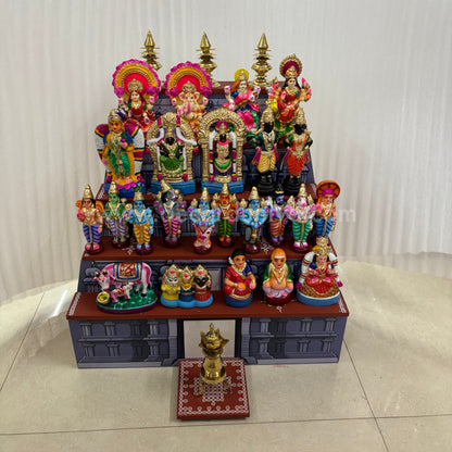 Dismantable 5 step Temple Gopuram Golu Padi with Clay Golu Dolls | 24 inches Width - DGP31