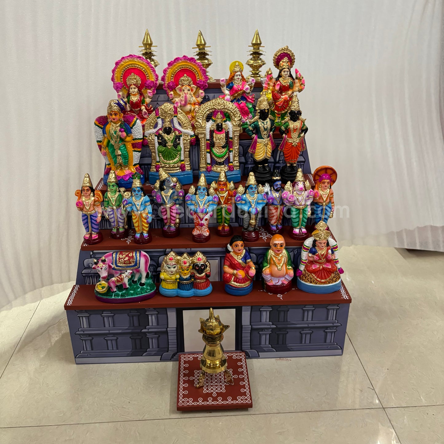 Dismantable 5 step Temple Gopuram Golu Padi with Clay Golu Dolls | 24 inches Width - DGP31