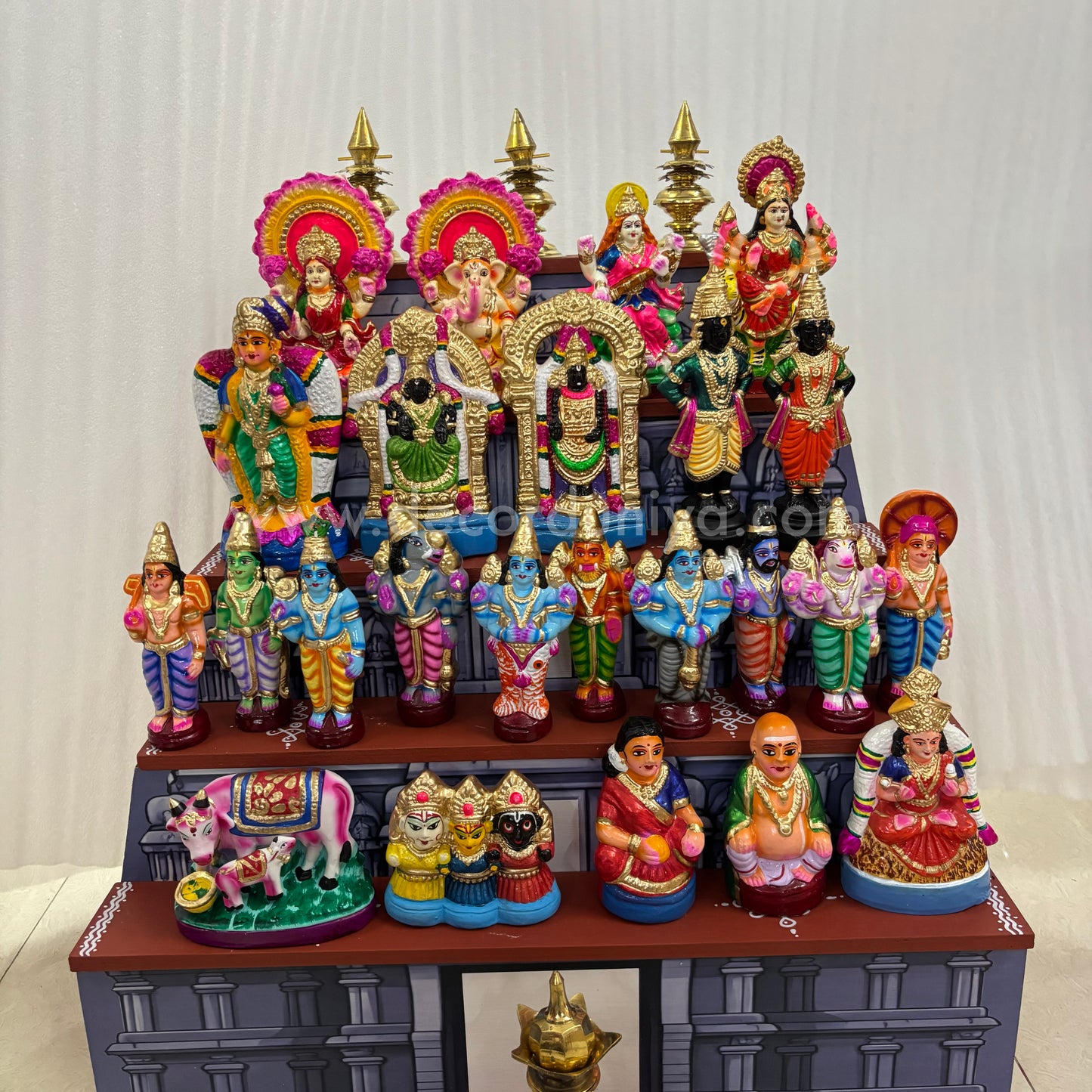 Dismantable 5 step Temple Gopuram Golu Padi with Clay Golu Dolls | 24 inches Width - DGP31