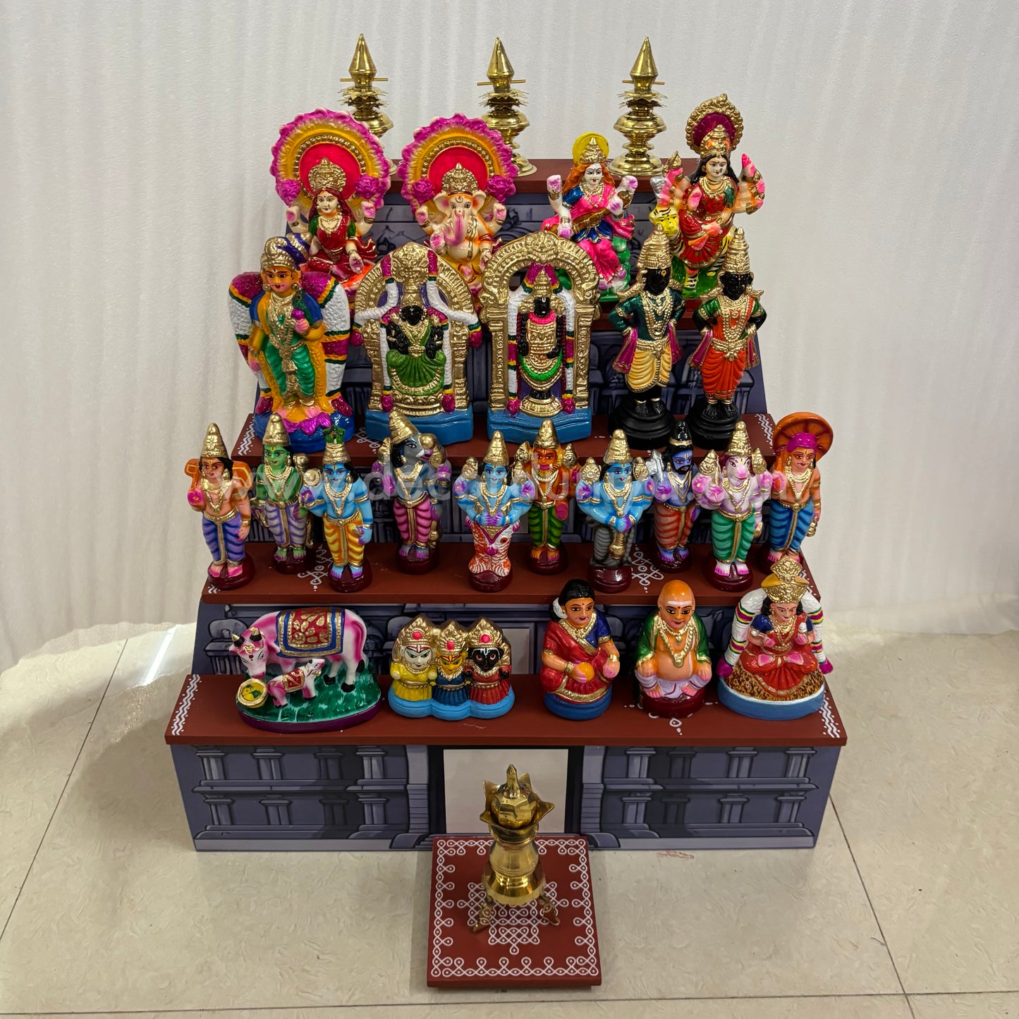 Dismantable 5 step Temple Gopuram Golu Padi with Clay Golu Dolls | 24 inches Width - DGP31