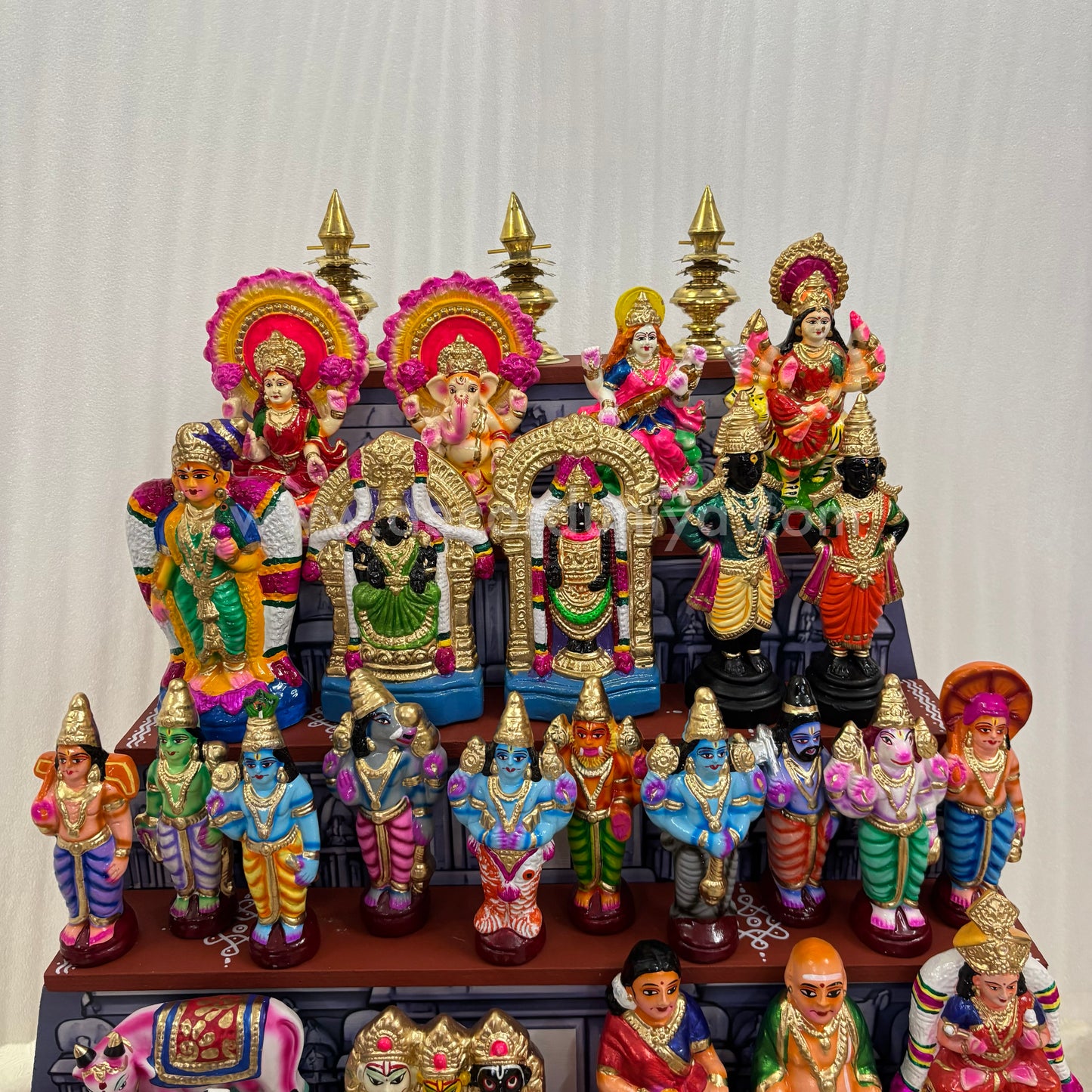 Dismantable 5 step Temple Gopuram Golu Padi with Clay Golu Dolls | 24 inches Width - DGP31