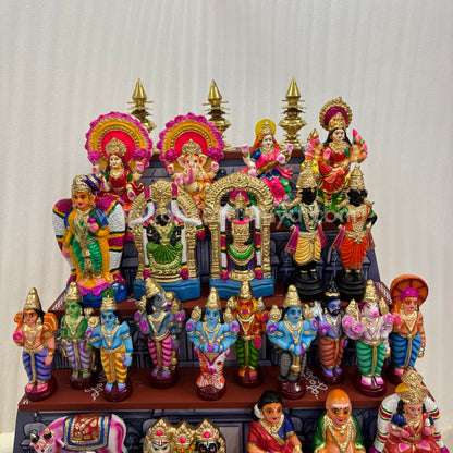 Dismantable 5 step Temple Gopuram Golu Padi with Clay Golu Dolls | 24 inches Width - DGP31